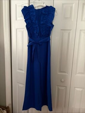 Sleeveless Ruffle-Front Royal Blue pant suit with Waist Tie